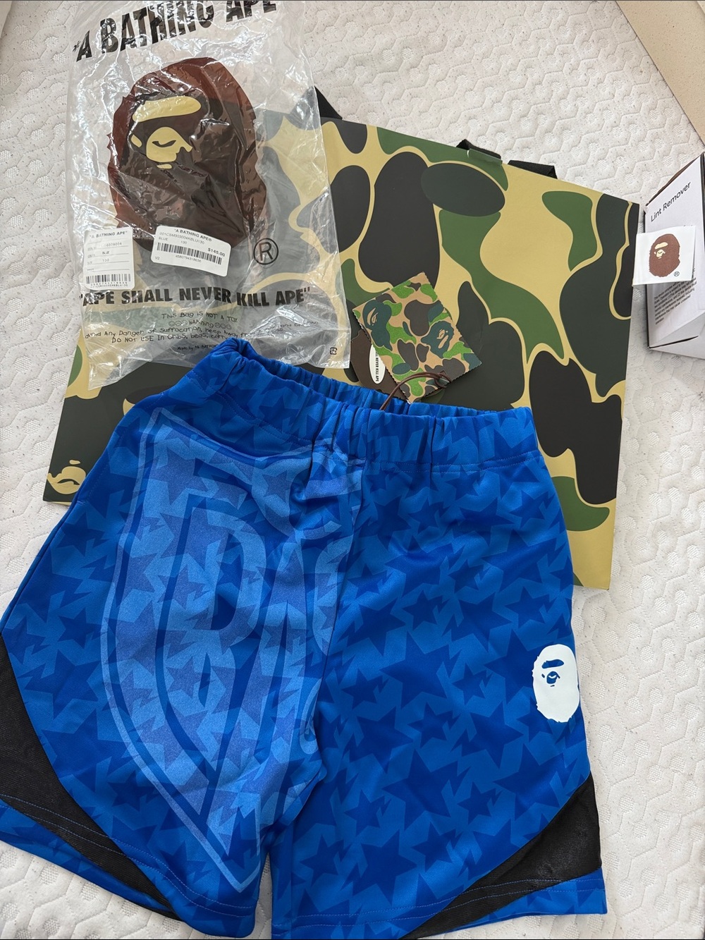 Bape Kids Blue Star-Print Shorts with Ape Head Logo
